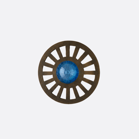Vintage circular bronze wall lamp with blue glass ball