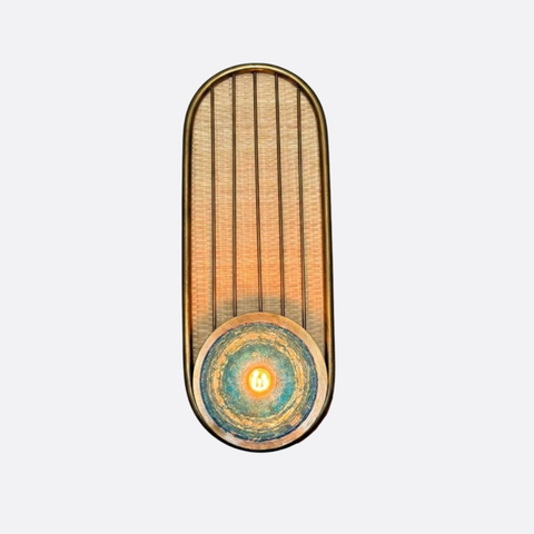 Vintage bronze wall lamp with rice straw and blue glass ball