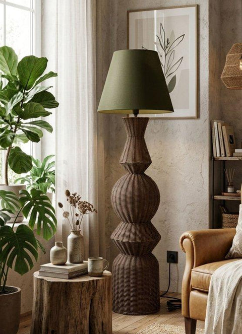 Modern Woven Rattan Floor Lamp with Olive Shade