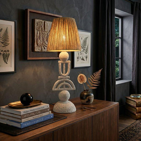 Sculptural White Table Lamp with Natural Shade