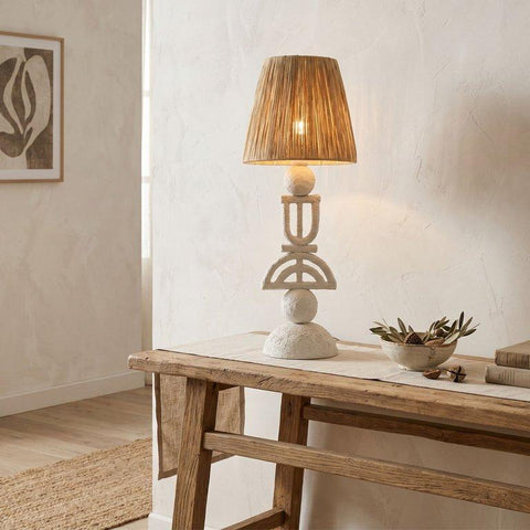 Sculptural White Table Lamp with Natural Shade