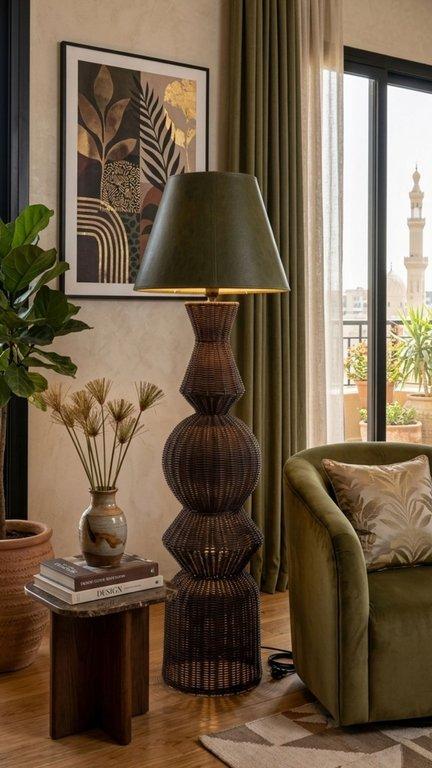 Modern Woven Rattan Floor Lamp with Olive Shade