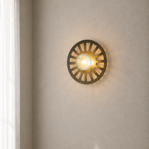 Vintage circular bronze wall lamp with blue glass ball