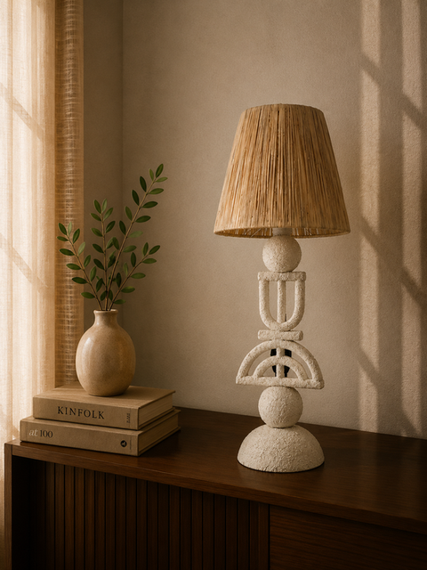 Sculptural White Table Lamp with Natural Shade
