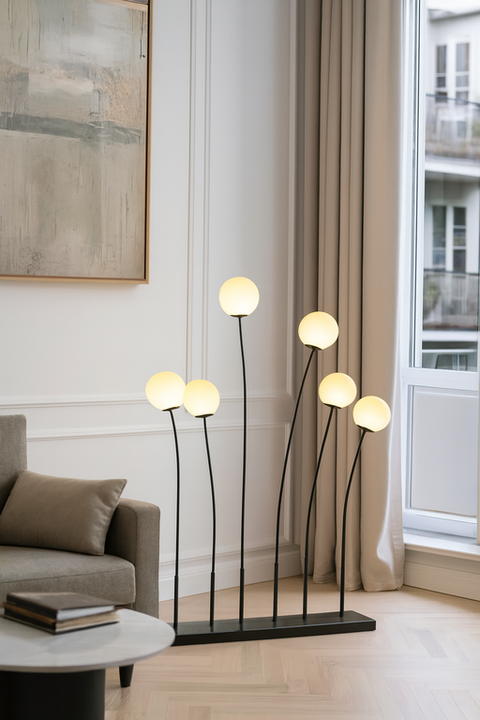 Multi-Arm Black Floor Lamp with Opal Glass Globes