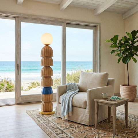 Modern Coastal Bamboo and Blue Floor Lamp