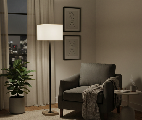 White-Shade Table Lamp with Wooden Base
