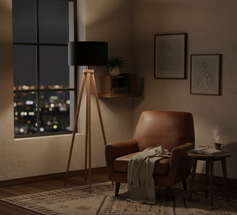 Boho Wooden Tripod Floor Lamp