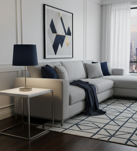 Modern Silver Table Lamp with Navy Shade