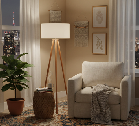 Boho Wooden Tripod Floor Lamp