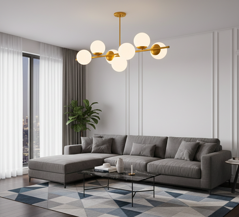 Gold Track Chandelier with 7 Opal Globes