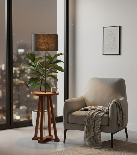 Modern Floor Lamp with Integrated Wooden Table