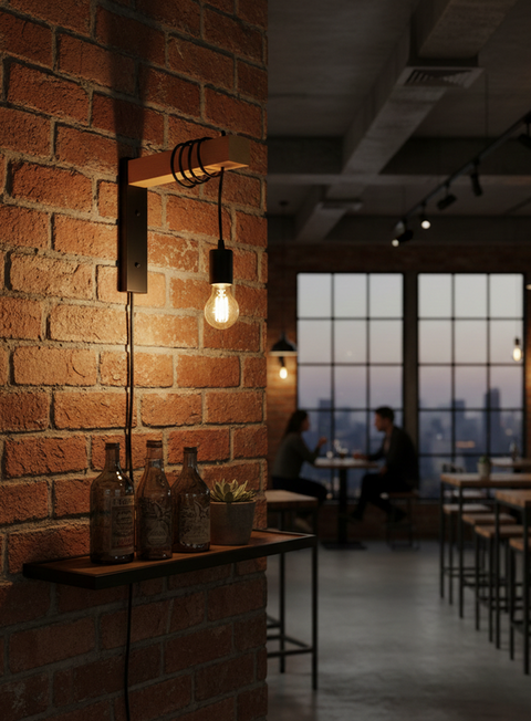Black Cord & Natural Wood  Wall Lamp