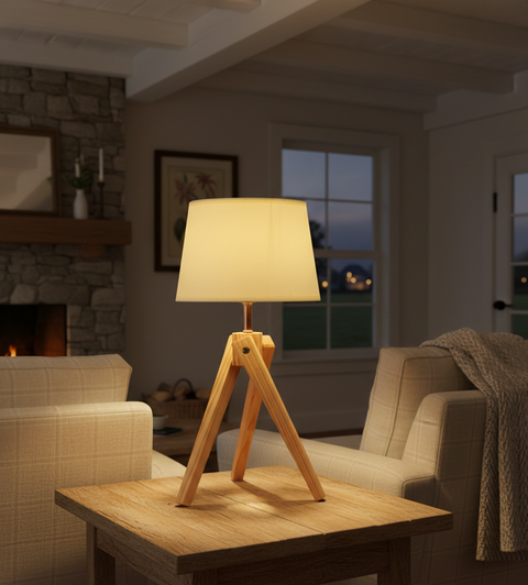 Wooden White Tripod Table Lamp