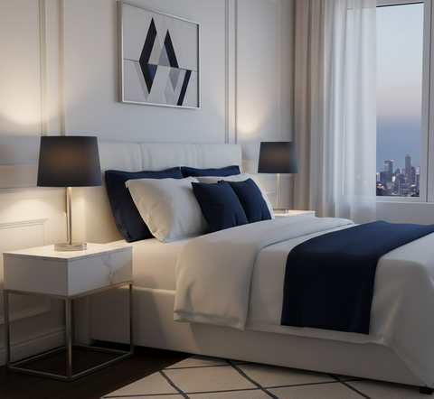 Modern Silver Table Lamp with Navy Shade