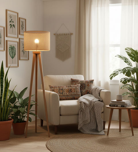 Rattan Beige Tripod Floor Lamp