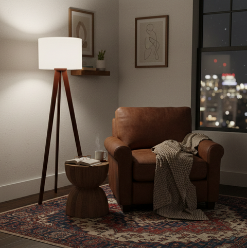 Wooden Brown Tripod Floor Lamp