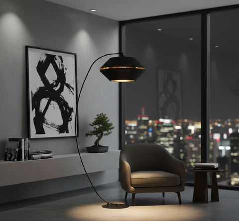 Black Arc with 2 half circle Shade Floor Lamp