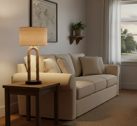 Rope Table Lamp with Burlap Shade