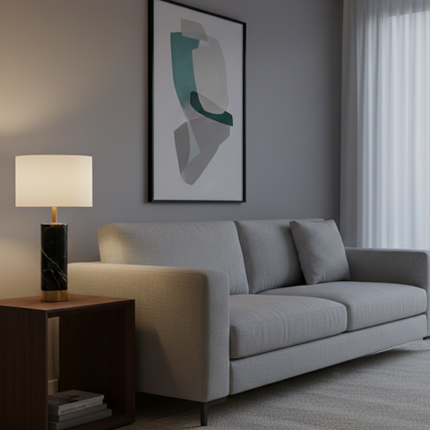 Marble White Cotton Shaded Table Lamp