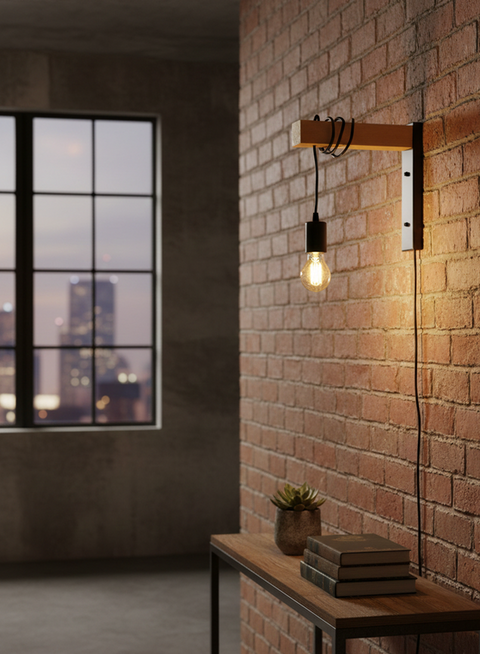 Black Cord & Natural Wood  Wall Lamp