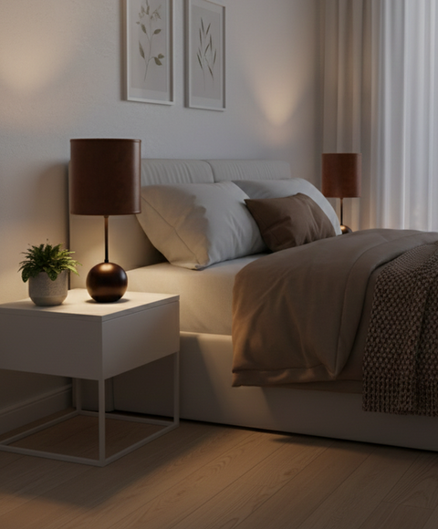 Wood Ball With Leather Shade Table Lamp