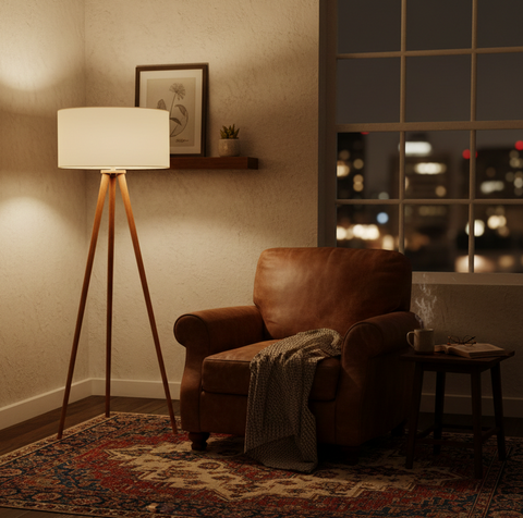 Boho Wooden Tripod Floor Lamp