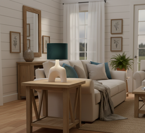 Sandy Pottery With Olive Shaded Table Lamp