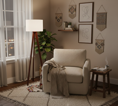 Wooden Brown Tripod Floor Lamp