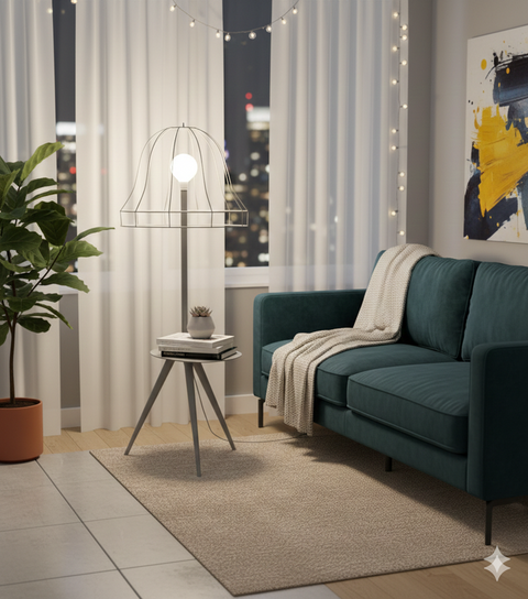 Grey Wireframe Table & Floor Lamp