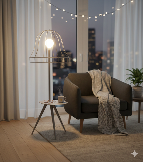 Grey Wireframe Table & Floor Lamp