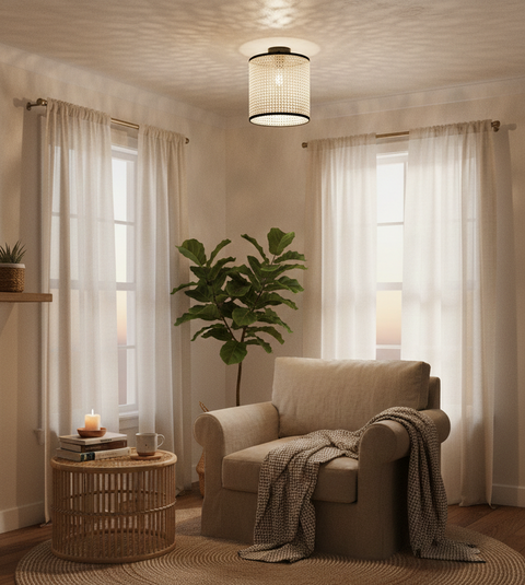 Boho Handcrafted Rattan Flush Mounted Ceiling