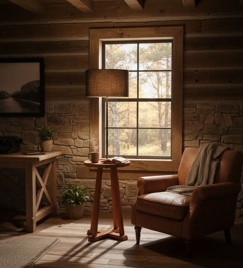 Modern Floor Lamp with Integrated Wooden Table
