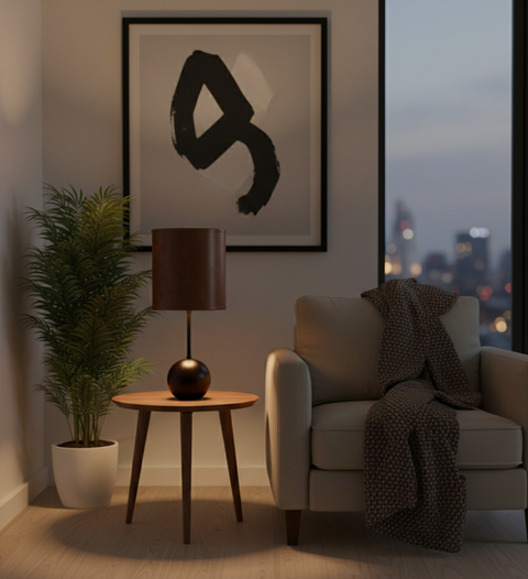 Wood Ball With Leather Shade Table Lamp