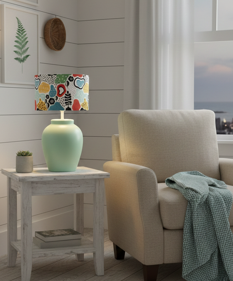 Green Pottery With Printed Shade Table Lamp