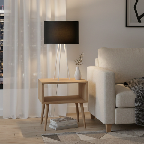 White Tripod Lamp With Black Cotton Shade