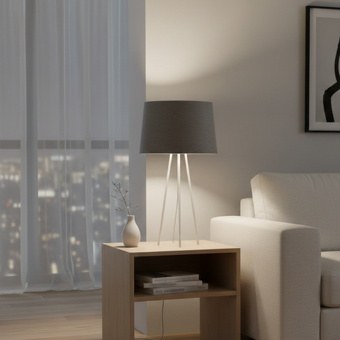 White Tripod Lamp With Grey Cotton Shade