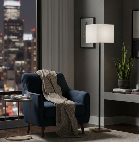White-Shade Table Lamp with Wooden Base