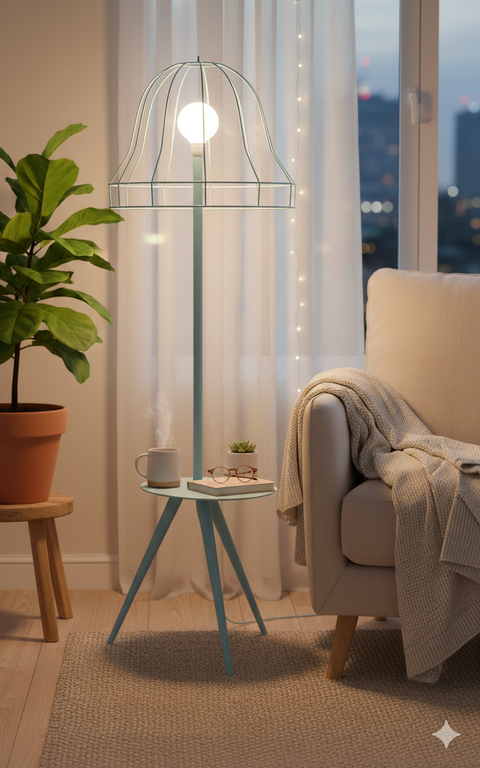 Baby Blue Wireframe Table & Floor Lamp