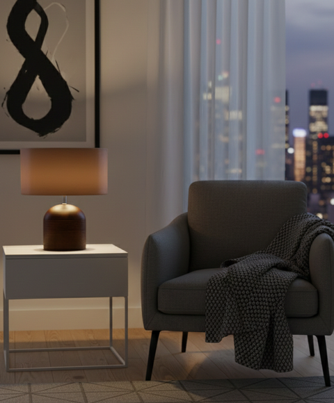 Wood With Leather Shade Table Lamp