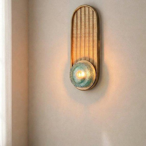 Vintage bronze wall lamp with rice straw and blue glass ball