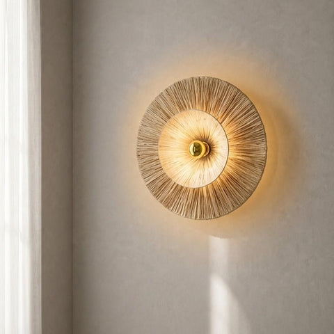 Coastal Rice Straw Wall Aplique with Gold Lamp