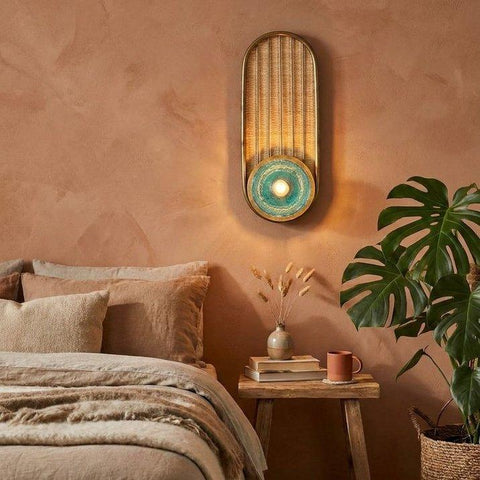 Vintage bronze wall lamp with rice straw and blue glass ball