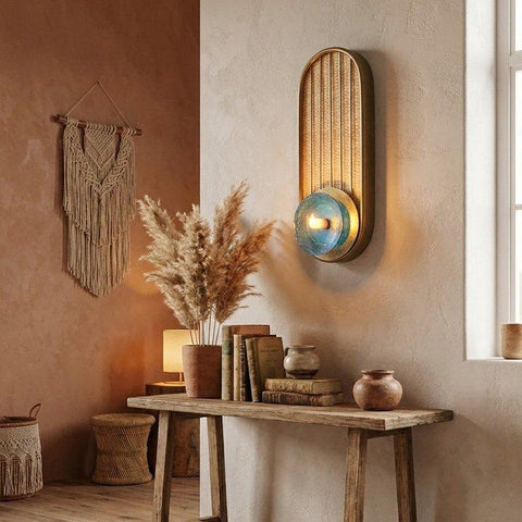Vintage bronze wall lamp with rice straw and blue glass ball