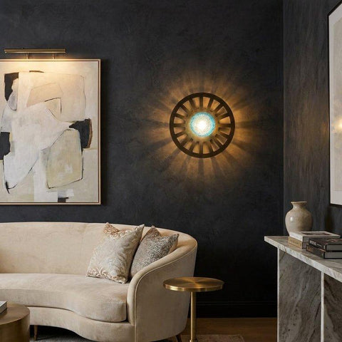 Vintage circular bronze wall lamp with blue glass ball