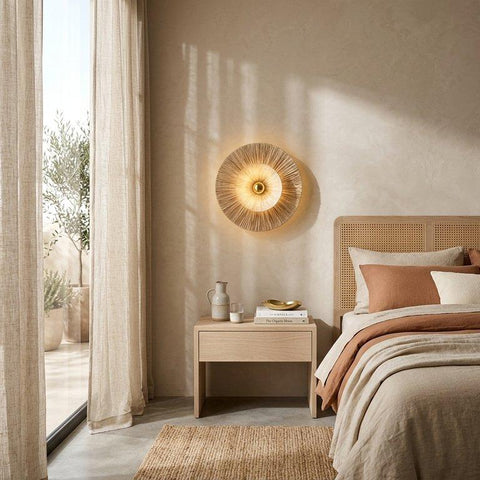 Coastal Rice Straw Wall Aplique with Gold Lamp