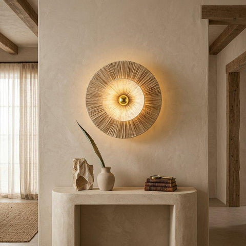 Coastal Rice Straw Wall Aplique with Gold Lamp