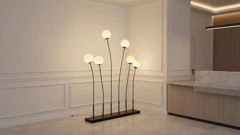 Multi-Arm Black Floor Lamp with Opal Glass Globes