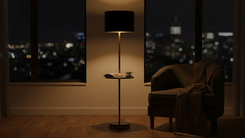 Modern Black & Gold Floor Lamp with Marble Shelf