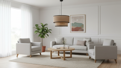 Modern Rattan Beige Shaded Pendent